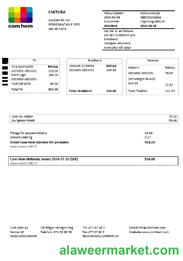 Sweden Com Hem business utility bill template in Word and PDF formats